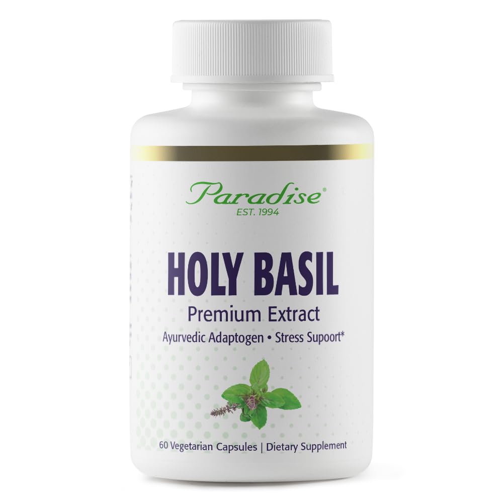 Paradise Herbs Organic Holy Basil Whole Spectrum Extract, 60 Caps | Herbal dietary supplement with vegetarian capsules, vegan, non-GMO, gluten free, traditional herb for daily use.