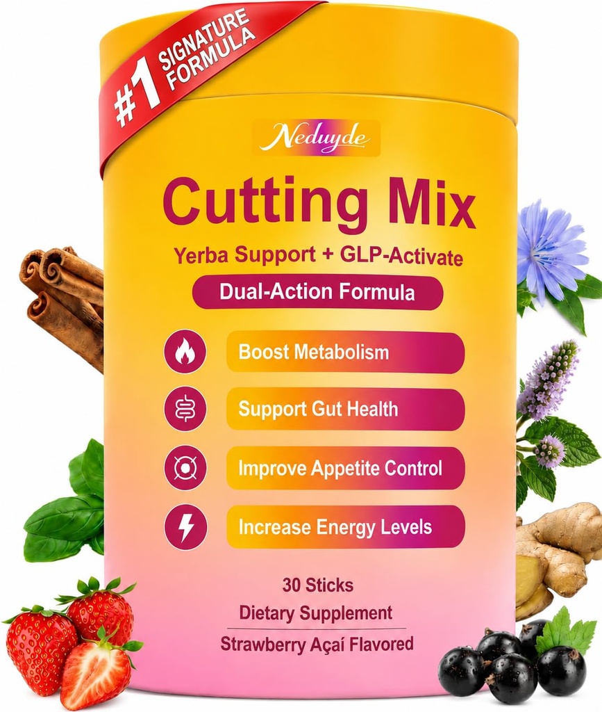Cutting Drink Mix – GLP-1 Support for Satiety & Metabolism | Berberine, Chromium, FOS, Yerba Mate & 5-HTP | Energy & Gut Health | Sugar-Free, Vegan, Non-GMO | Strawberry Açaí Flavor | 30 Sticks