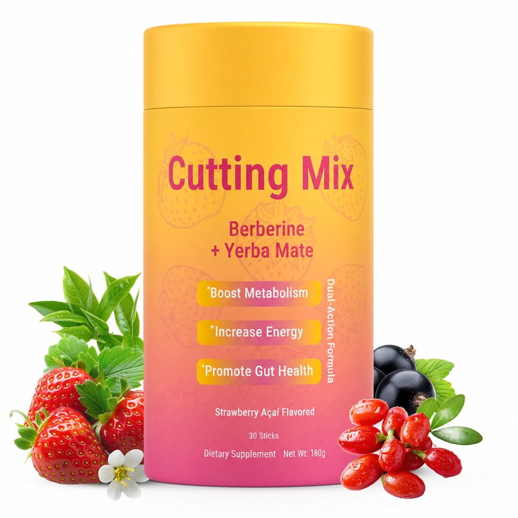 Cutting Mix Drink – GLP-1 Drink Mix with 5-HTP, Yerba Mate & Magnesium, FOS for Gut Wellness Support & Healthy Energy Boost | Strawberry Açaí Flavor – 30 Servings