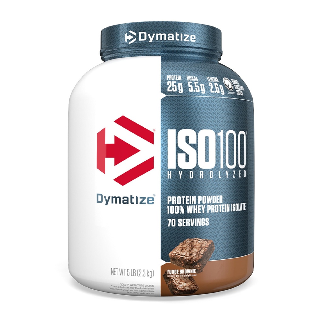 Dymatize ISO100 Wei Proteïnepoeder Isolaat, Fudge Brownie, 25g proteïne, 5 pond, 5.5g BCAA's, minder dan 120 Cal., Glutenvrij, 1g Vet, 1g Suiker, 2g Carb (70 Servers)