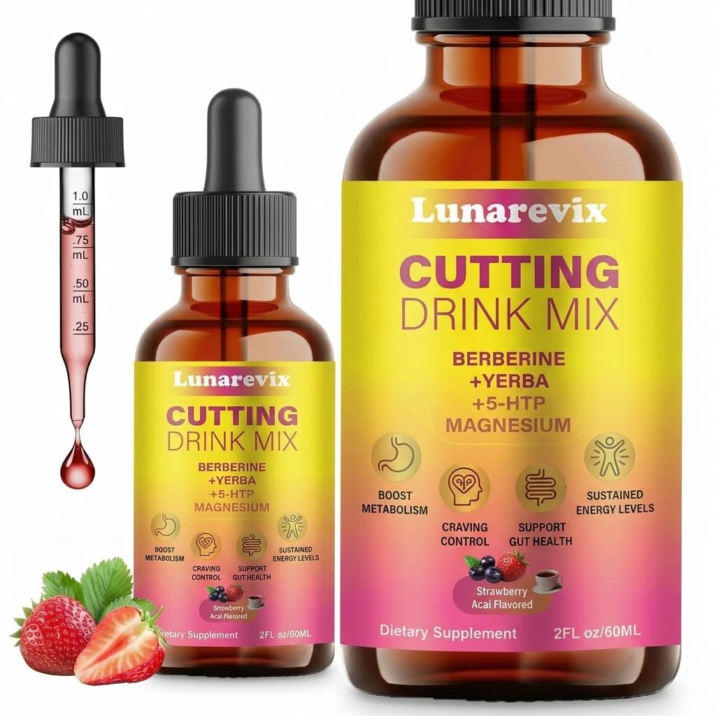 Cutting Drink Mix-Liquid Drops with Berberine, Yerba Mate, 5-HTP, Magnesium, Strawberry Acai Flavor,Supports Satiety Signaling, Energy & Gut Health,2 fl oz