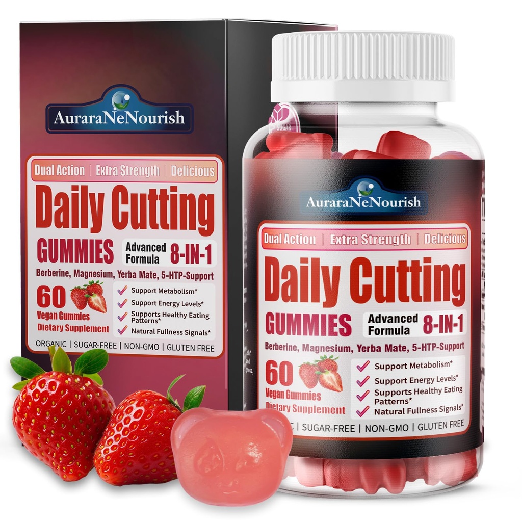 Cutting Mix Gummies, Berberine Yerba Mate with Magnesium 5-HTP Chromium & FOS, Support Satiety Signaling, Metabolism, Gut Health & Energy, Strawberry Acai Flavor & Sugar-Free, 60 Counts
