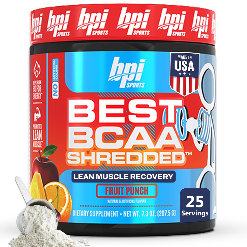 BPI Sport Beste BCAA Shredded - Cafeïne Gratis Thermogenic Recovery Drink, Lean Muscle Building BCAA Powder for Women and Men, Preworkout BCAA's Aminozuren Drink- Fruit Punch - 25 porties