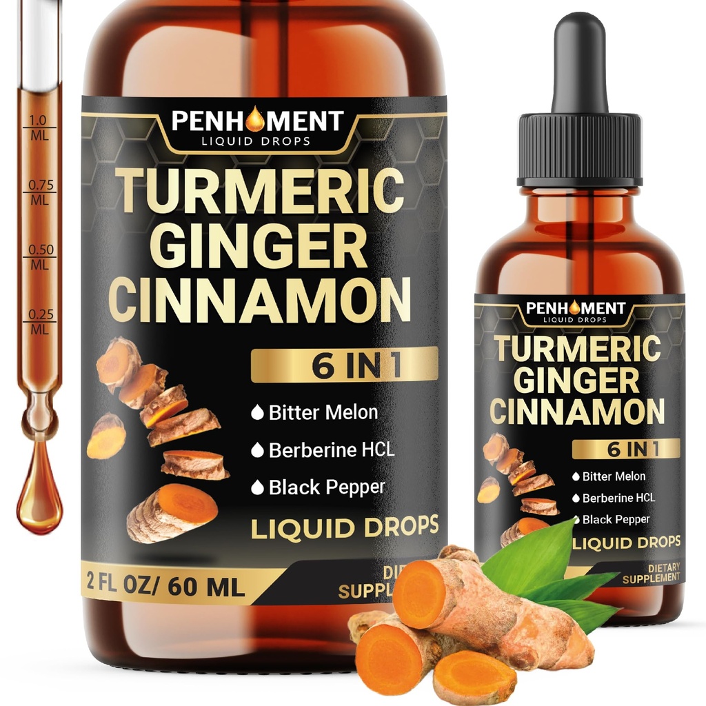 6in1 Liquid Turmeric Curcumin met Gember, Berberine Extract, Ceylon Cinnamon, Bitter Melon, Black Pepper - Drops Extract - 2FL oz - 60 Servers