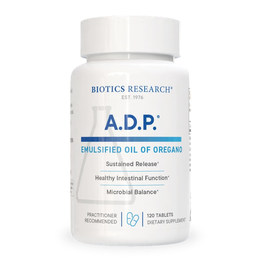 Biotics Research A.D.P. Emulsified Oil of Oregano Tablets for GI Health -Sustained Release for High Absorptie Bevat Carvacrol, Wild Oregano Oil 50mg/S - Gepatenteerde formule -Non GMO 
