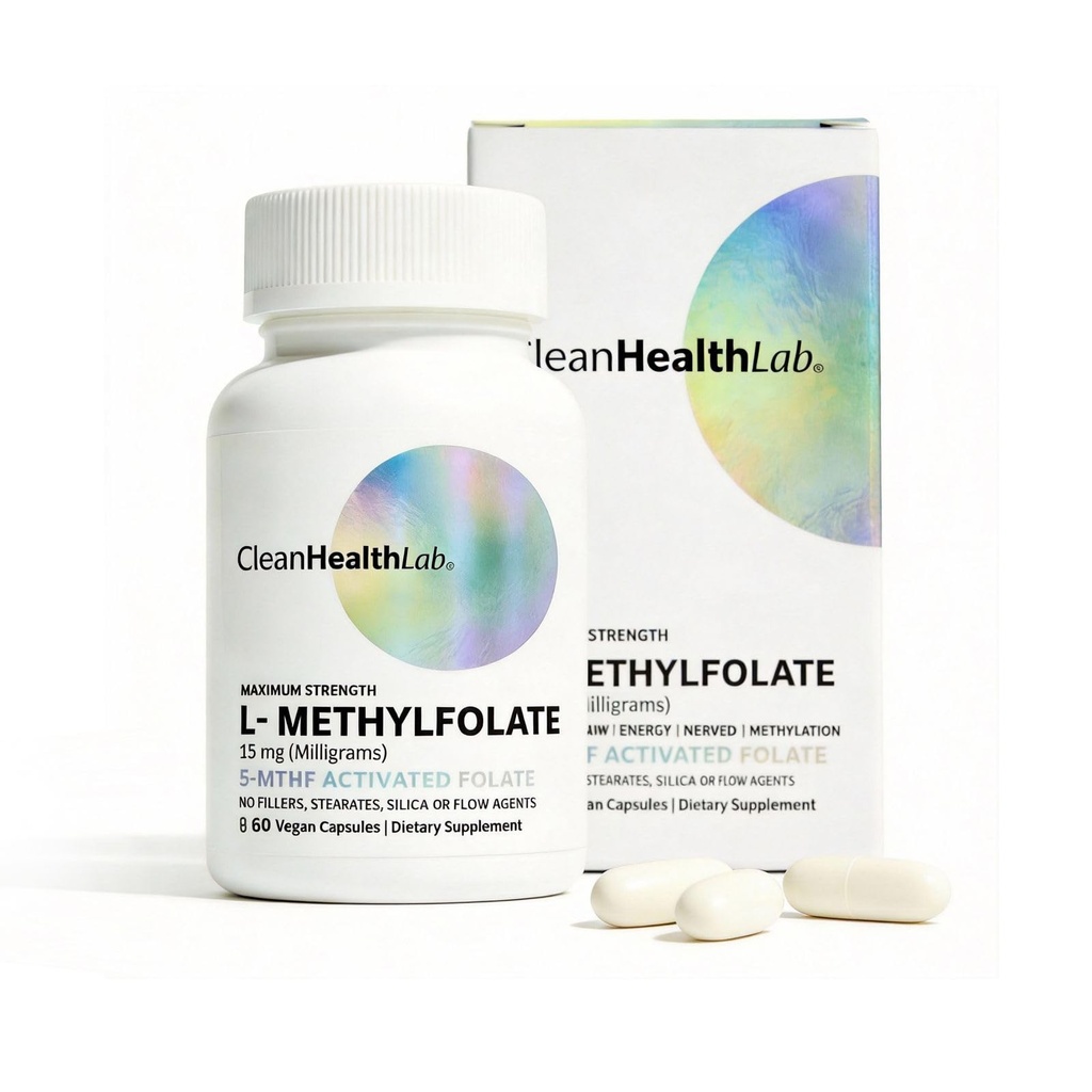 CleanHealthLab L-Methylfolate 15mg, 5-MTHF Active Folate - Maximum Potency Methylated Vitamin B9 Supplement - Support for Brain Health, Energy, Nerves, and Methylation with No Fillers (60 Count)