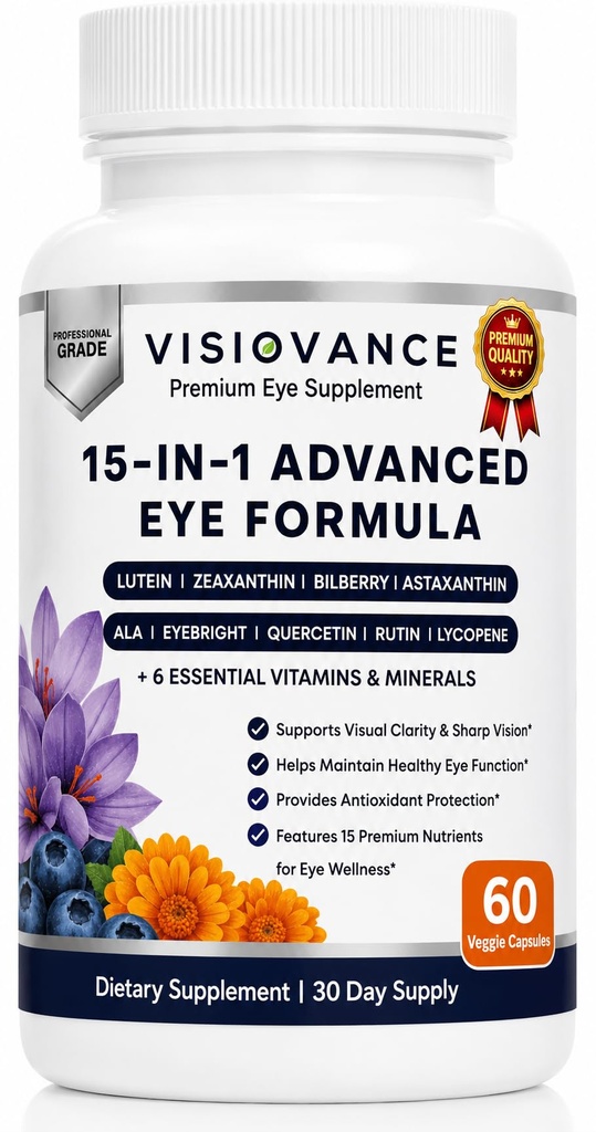 Visiovance 15 in 1 Advanced Eye Formula - Visiovance Eye Supplement | Digital Eye Strain & Night Driving Clarity, All 3 Carotenoids (Lutein, Zeaxanthin), Bilberry - 60 Capsules