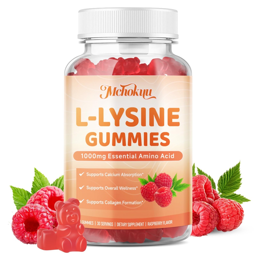 L-Lysine 1000mg Gummies for Adults – Supports Collagen & Calcium, 60 Count | L-Lysine Essential Amino Acid, 0 Sugar, Non-GMO, Raspberry. Supports Calcium Absorption & Collagen Formation for Daily