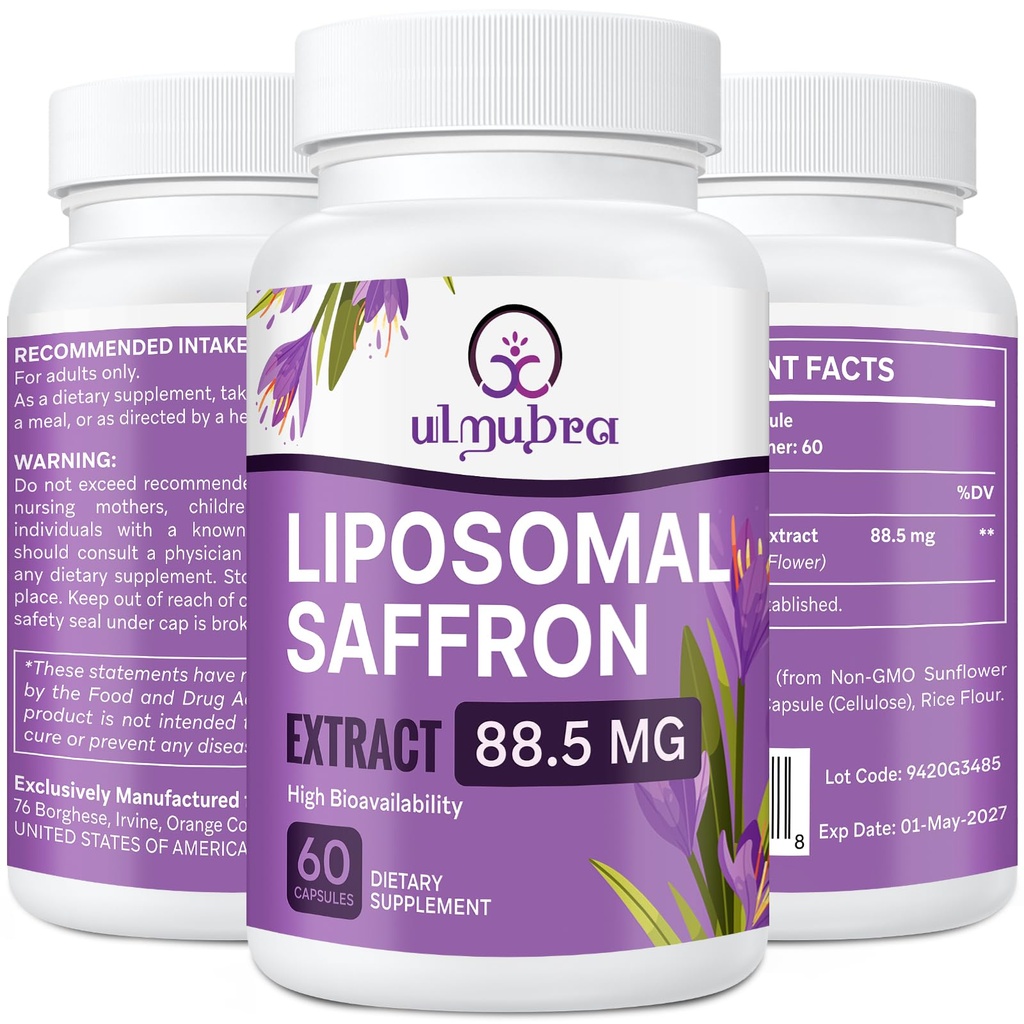 Liposomale Saffron Supplementen 88,5 mg, Maximale Absorptie, 100% Pure Saffron Extract Capsules voor Mood, Energie, Vision & Focus - 60 Vegan Capsules