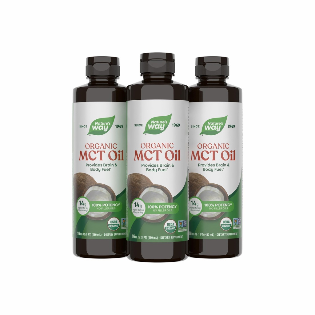 Nature's Way Organic MCT Oil, Brain & Body Fuel*, Keto & Paleo, 16 Fl Oz x3 | Liquid coconut MCT oil with 14 g medium chain triglycerides per serving for brain and body fuel; Non-GMO, set of 3.