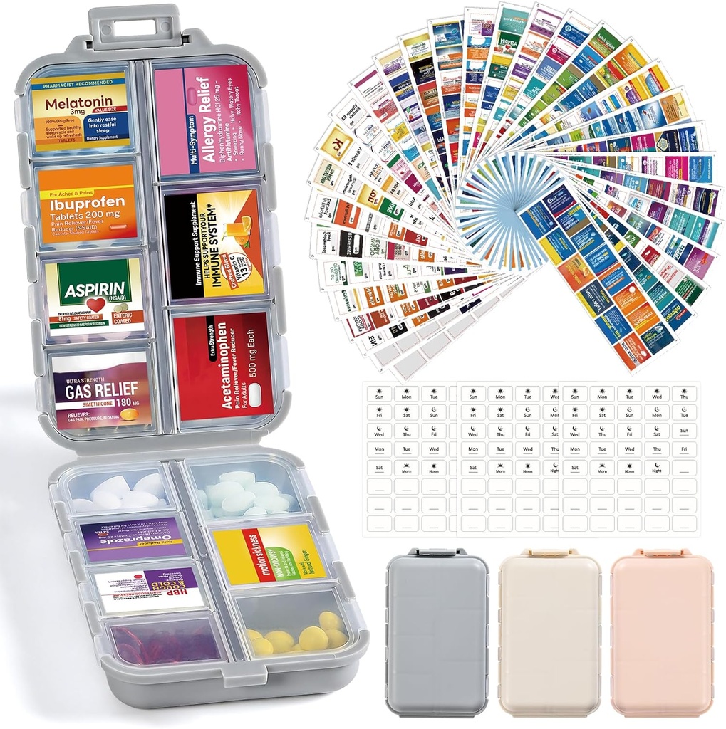 3 Pack 14 Grids Travel Pill Organizer Box met 415-Pcs Medicine Naam Labels - Pocket Daily Pharmacy Case Container Kit - Travel Medication Holder Dispenser voor Visolie Vitamine Supplement Opslag
