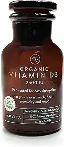 Movita certifié Vitamine biologique D3 2500UI – soutient l'énergie, la santé immunitaire et la force osseuse – aliments entiers fermentés, biologiques, végétaliens, sans gluten, sans OGM – 30 jours d'approvisionnement (Bouteille de verre)