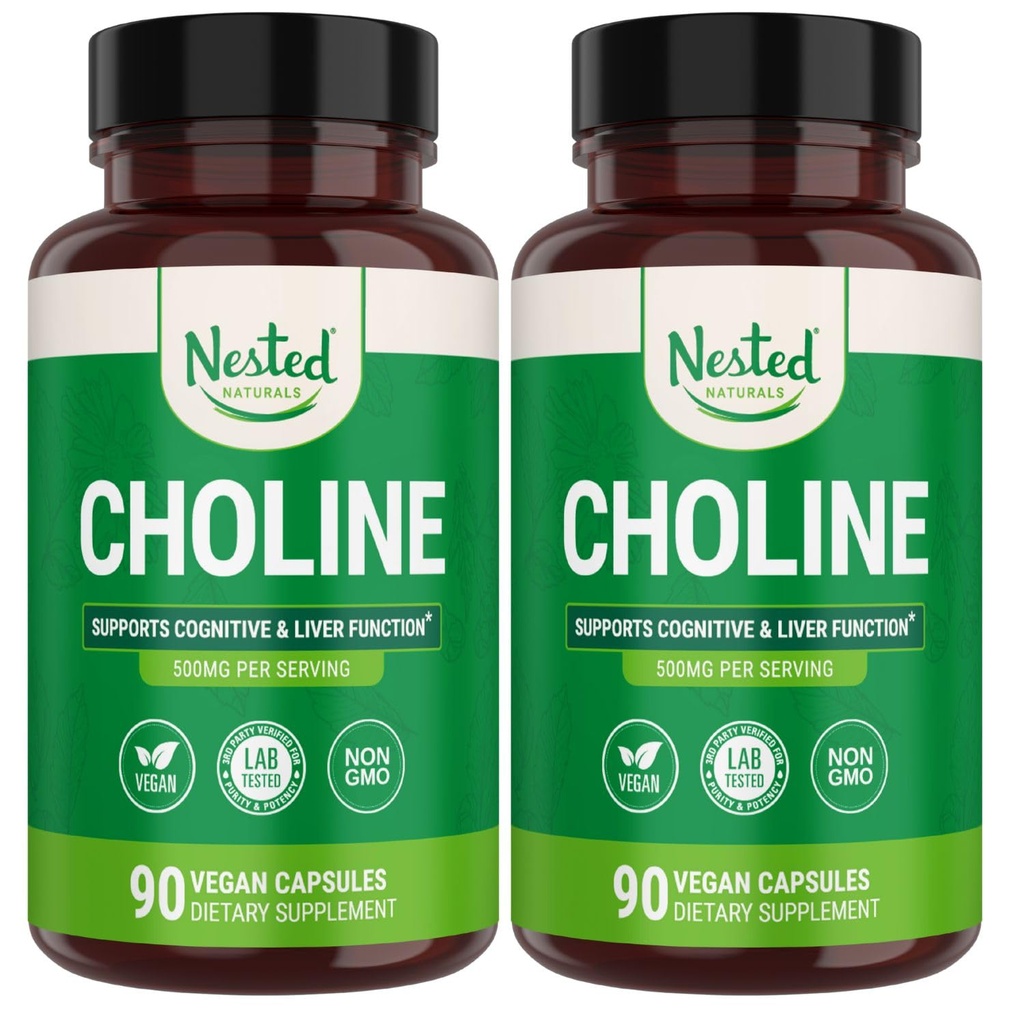 Nested Naturals Choline Bitartrate 500mg Per Serving - High Potency Choline Supplements - Supports Prenatal Maternal & Fetal Health During Pregnancy* - 100% Vegan & Non-GMO - 2-Pack (180 Capsules)
