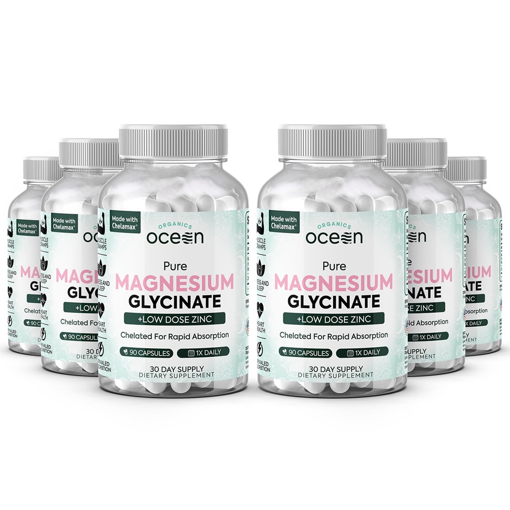 Organics Ocean Pure Magnésium Glycinate avec Zinc - Supplément de magnésium chélaté de force maximale pour les femmes et les hommes pour les crampes musculaires et le soutien du sommeil - 6 bouteilles