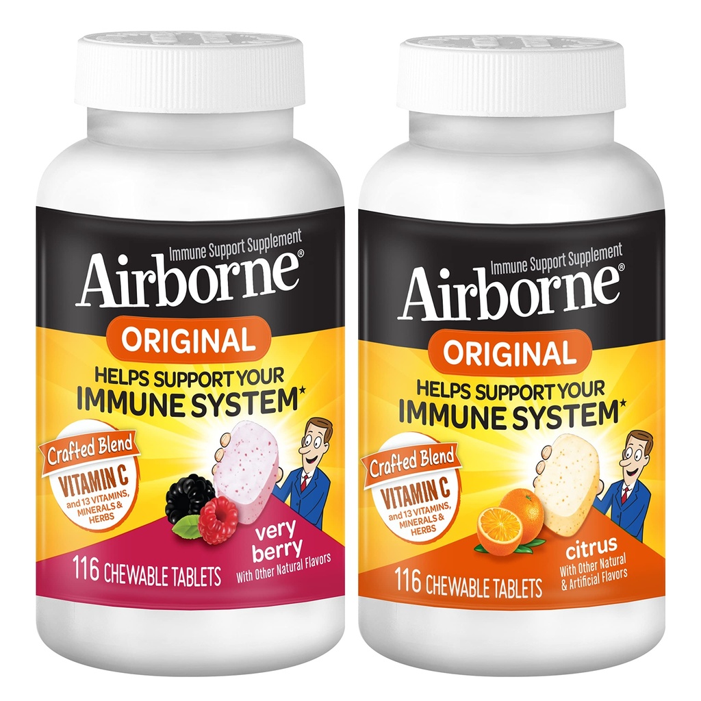 Airborne 1000mg Vitamine C Kauwtabletten Citrus & Very Berry Flavor Bundle - Immune Support Supplement met zink en krachtige antioxidant vitamines A & E, (2x116ct flessen)