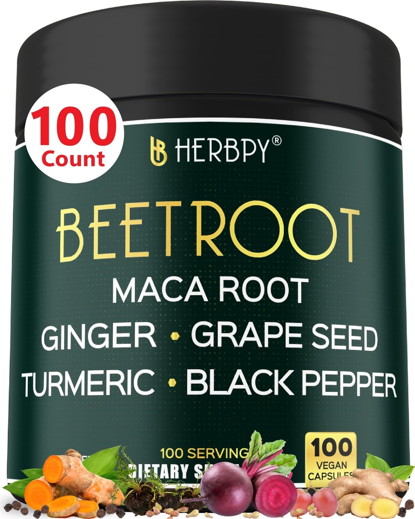 6in1 Beetwortelsupplement met Maca Root, Grape Seed, Gember, Kurkuma en Zwarte peper voor hartgezondheid en immuunondersteuning - 100 Vegan Capsules