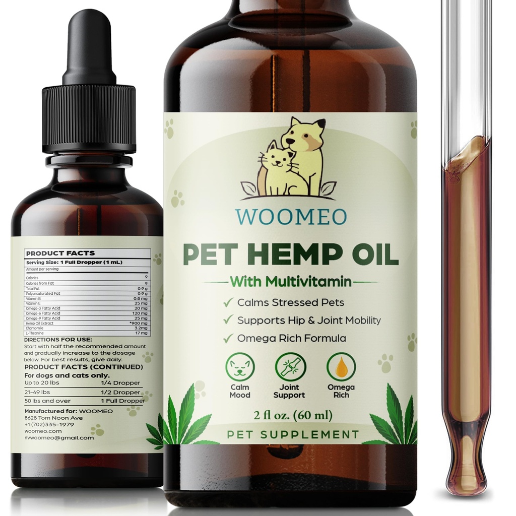 Hemp Oil for Dogs & Cats – Calming Support Drops with Omega 3-6-9, Chamomile & L-Theanine – Liquid Pet Supplement for Stress Relief, Joint Mobility & Skin Support – 2 fl oz (60 mL)