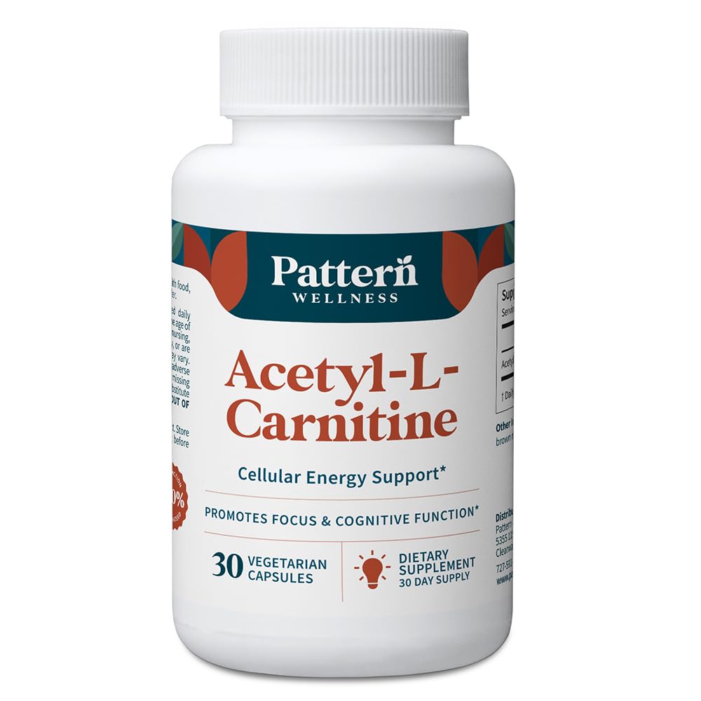 Pattern Wellness Acetyl-L-Carnitine 500 mg Capsules – 30 Capsules | ALCAR Supplement for Cellular Energy Production, Cognitive Health & Healthy Metabolism – Vegan, Non-GMO