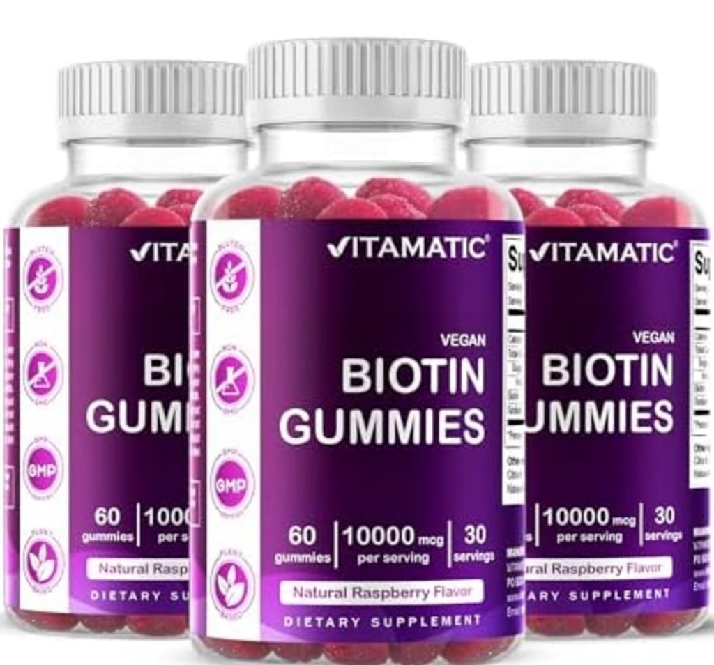 Vitamatic Biotin Gummies 10,000 mcg for Stronger Hair, Skin & Nails - 60 Vegan Gummies - Also Called Vitamin B7 (3 Bottles)