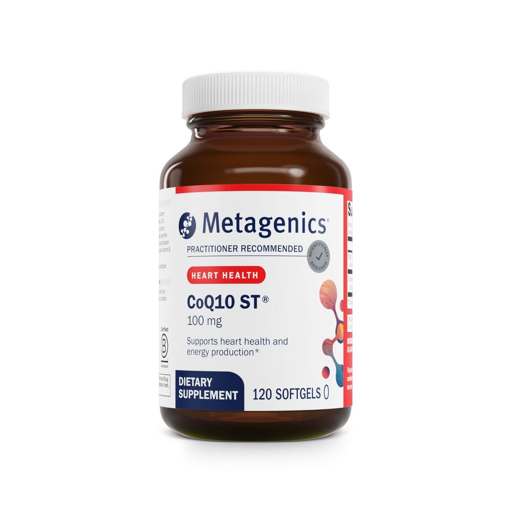 Métagène CoQ10 ST-100-100 mg Ubiquinone avec vitamine E pour le soutien cardiaque, énergétique et antioxydant* - Non-OGM, sans gluten, sans soja - Installation certifiée GMP - 120 Softgels