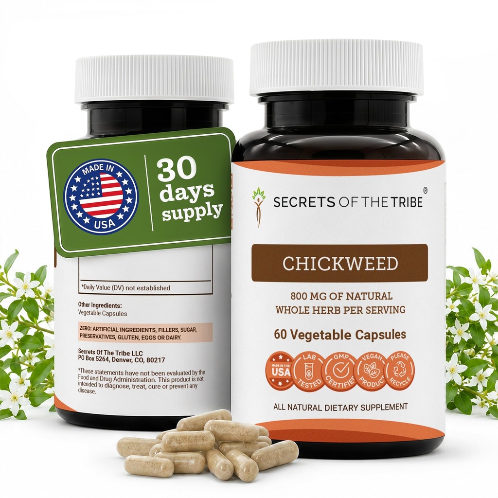Secrets of the Tribe Chickweed 800 mg Vegetable Capsules for Skin Health & Antioxidant Support | Herbal Supplement | Stellaria Media Dried Herb | 60 Count