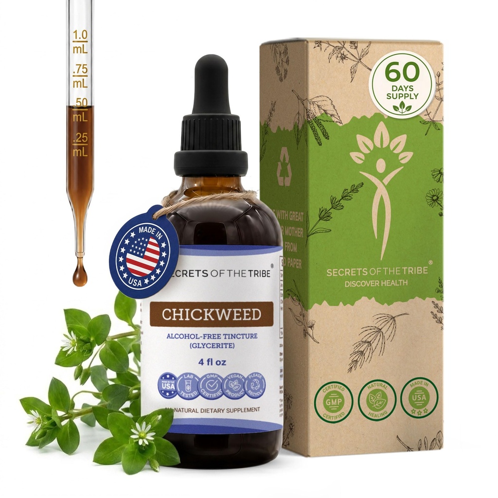 Secrets of the Tribe Chickweed Liquid Extract for Skin Health & Antioxidant Support | Herbal Supplement | Alcohol-Free | Stellaria Media Dried Herb | Drops 4 fl oz