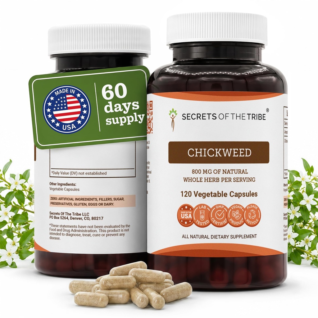 Secrets of the Tribe Chickweed 800 mg Vegetable Capsules for Skin Health & Antioxidant Support | Herbal Supplement | Stellaria Media Dried Herb | 120 Count