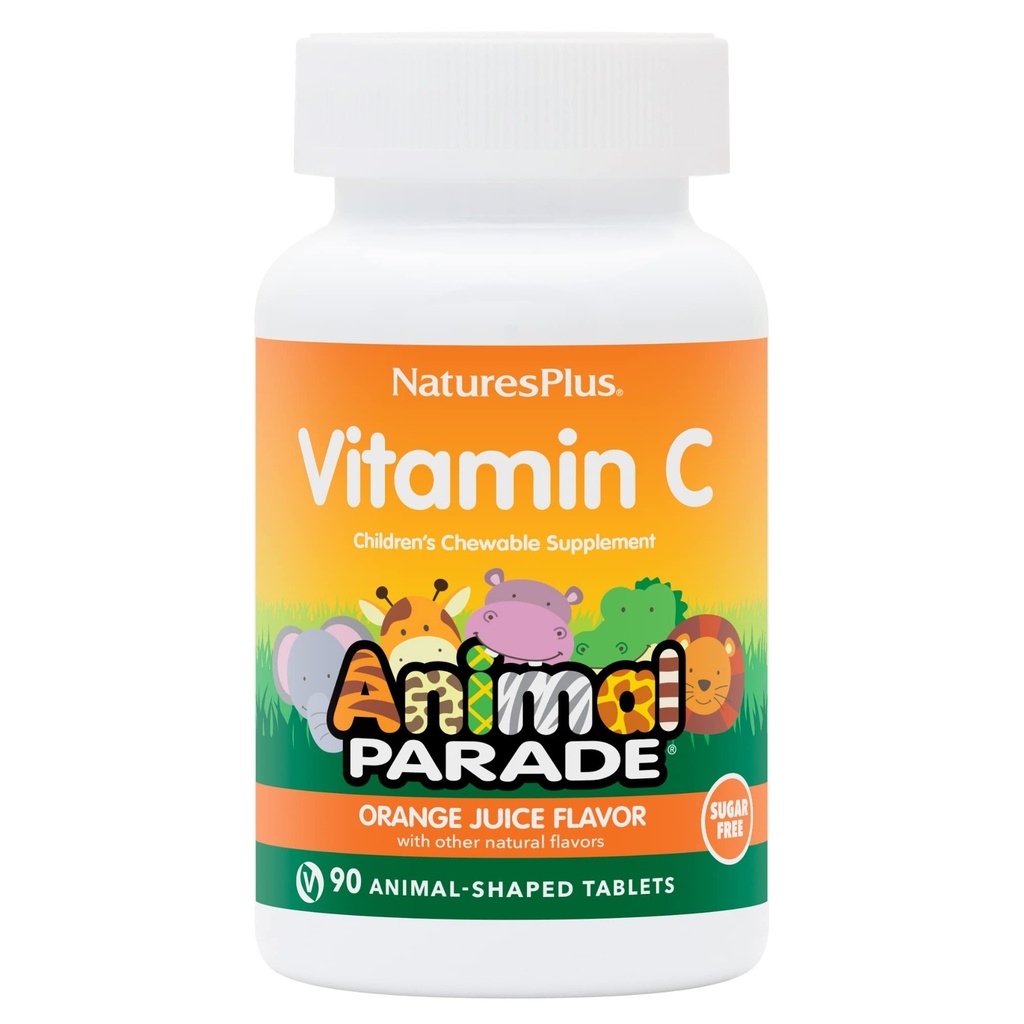 Natures Plus Parade animale Vitamine C sans sucre pour enfants, Saveur naturelle de jus d'orange - 90 comprimés en forme d'animal à croquer - Support immunitaire - Sans gluten - 45 portions