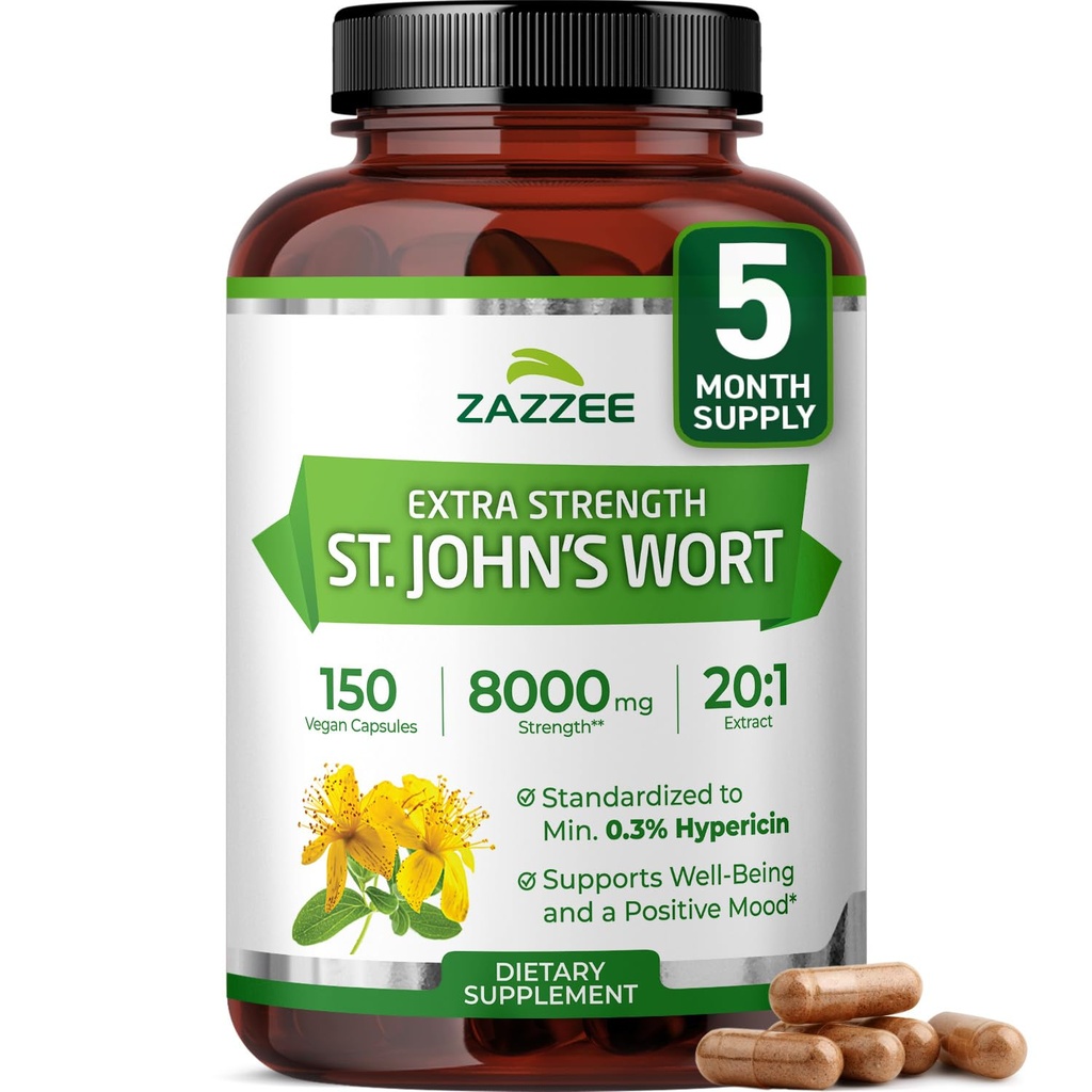 Zazzee Extra Strength St. John's Wort 20:1 Extrait, 8000 mg Strength, 0,3% Hypericine, 150 Capsules Vegan, 5 mois d'approvisionnement, concentré, extrait 20X normalisé, 100% végétarien, non-OGM, tout naturel
