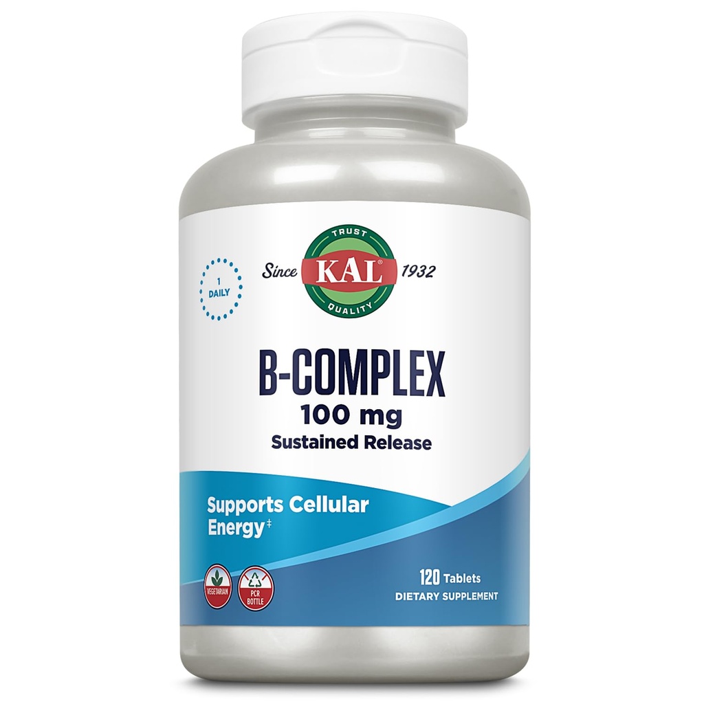 KAL B-100 Complex - Sustained Release Vitamine B Complex - Gezonde energie ondersteuning met natuurlijke ondersteuning basis en verse munt coating - Vegetarisch - 60 dagen garantie - 120 porties, 120 tabletten