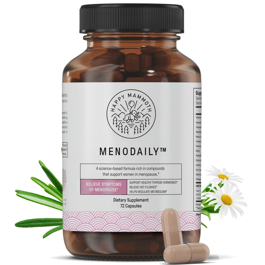 Gelukkige Mammoet Meno Dagelijkse Menopauze Vitaminen en Supplementen voor Vrouwen (*Niet Hormone Harmony), Boost Metabolisme, gezonde huid, haar en nagels, Hot Flash, Mood Support, 72 Caps