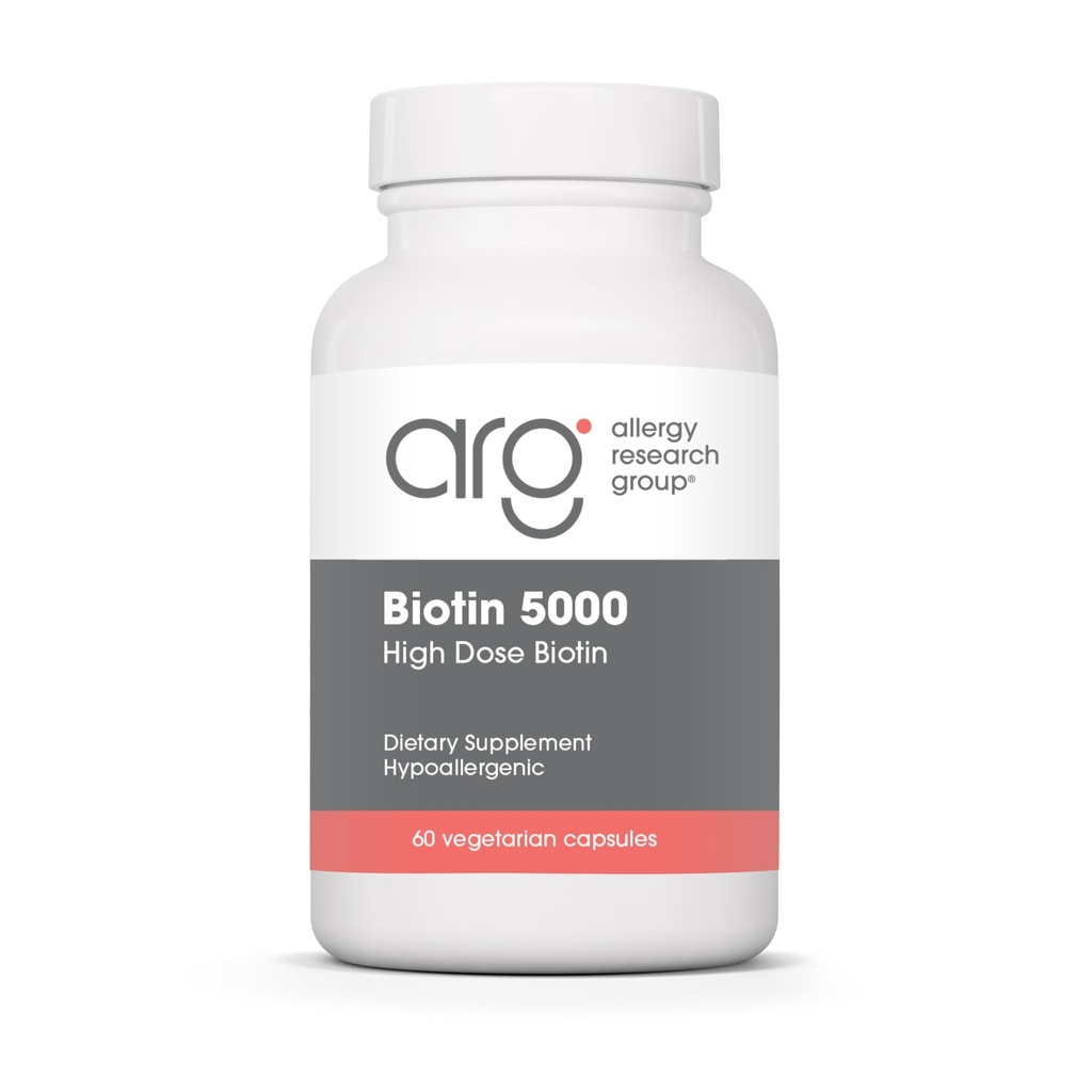 Allergie Research Group Biotin 5000 Supplement - 5000 mcg Biotine, Vitaminen voor haar, huid en nagels, Hoge dosis, Vegetarische Capsules, Hypoallergeen, Glutenvrij - 60 Tellen