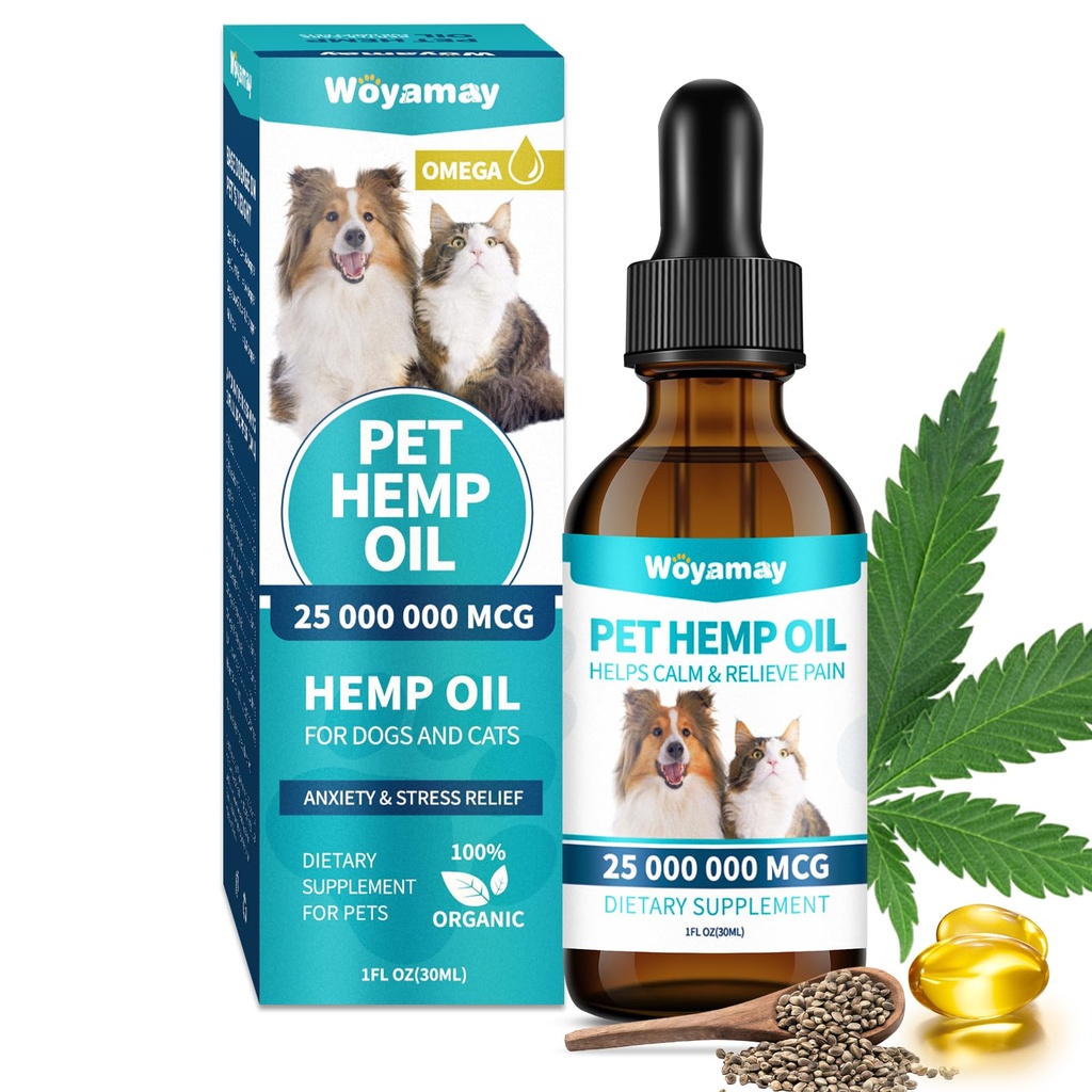 Woyamay Hemp Oil for Dogs & Cats for Stress & Anxiety Relief, 1 Pack | Hemp Oil Drops Rich in Omega 3, 6, 9 & Organic Extract, Helps with Аnxiеty, Pаin, Strеss, Slееp, Аrthritis, Sеizures Rеlief