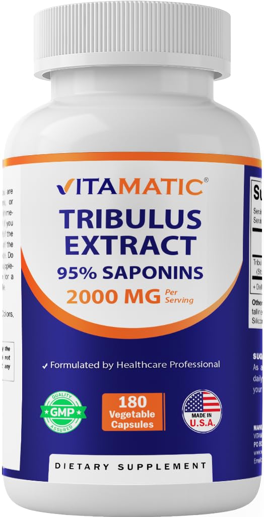 Vitamatic Tribulus Terrestris voor mannen - 2000 mg per portie - 95% Saponins - 180 plantaardige capsules - Made in the USA - Glutenvrij & niet-GMO