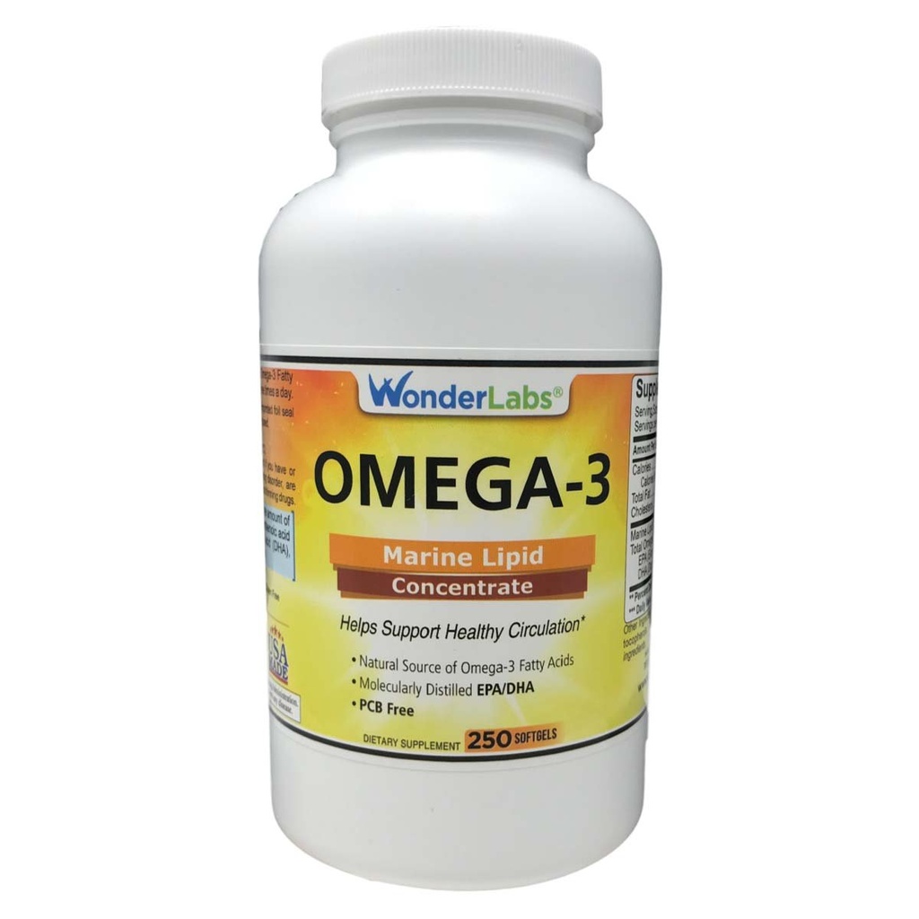 Wonder Labs Omega-3 Marine Lipid Concentrate A Natural Source of Omega-3 Fatty Acids, Supports Heart Health and Circulation - 250 Softgels