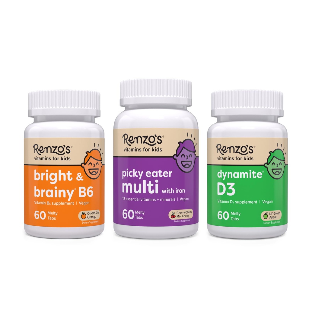 Renzo's Vitaminen Adventurous Kid Bundle - Picky Eater Kids Multivitamine, Vitamine D3 voor kinderen, en Bright & Brainy Vitamine B6