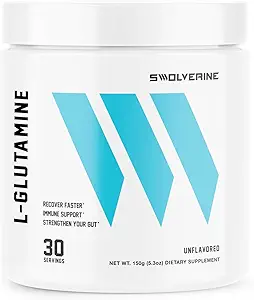 Swolverine L-Glutamine. Réduit la douleur musculaire induite par l'exercice, améliore le rétablissement, améliore la santé de la ruche, soutient la santé immunitaire, végétalien, non-OGM, GF, 5g par service (60 services)