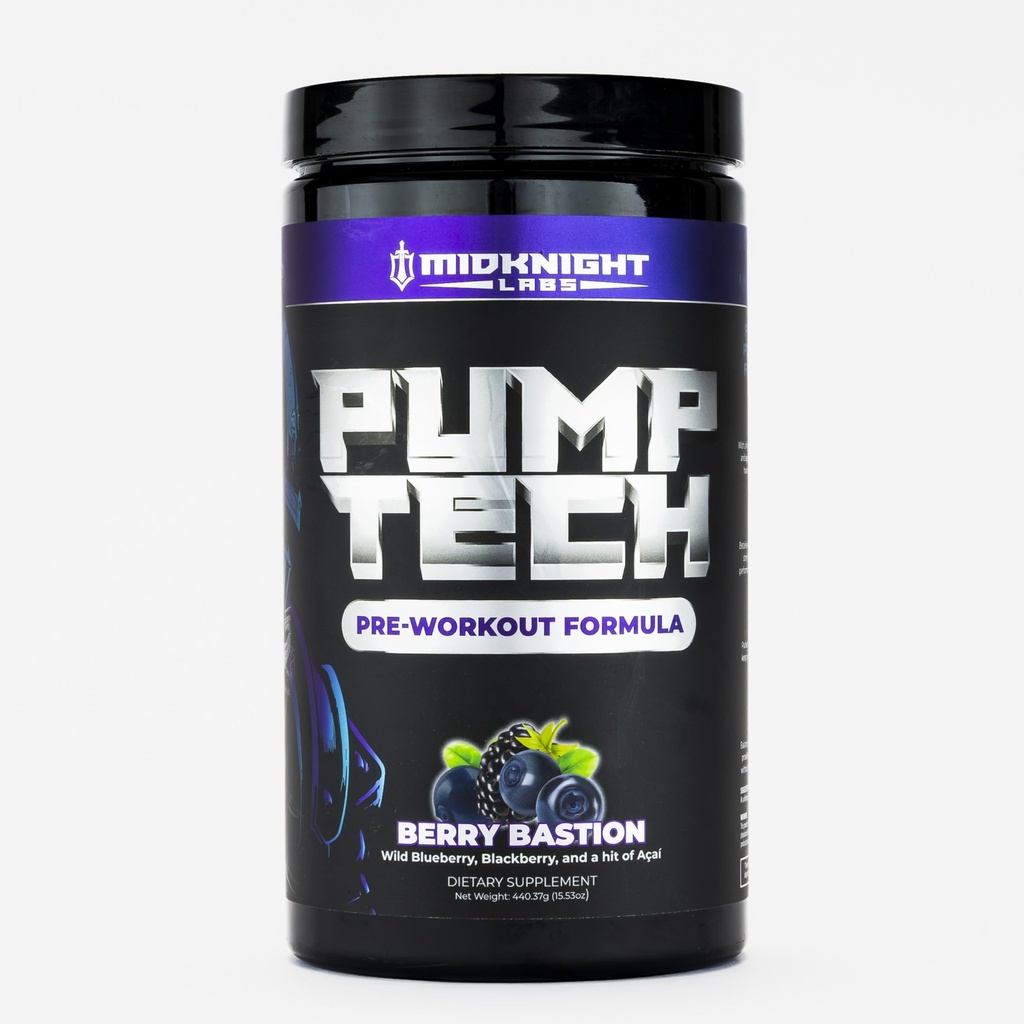 PumpTech - Pre-Workout for Pump and Focus - L-Citrulline, Betaine, L-Tyrosine, Alpha-GPC, Caffeine, Theobromine, Huperzine A, Mucana Extract - 440g (Crimson Knight) (Blueberry)