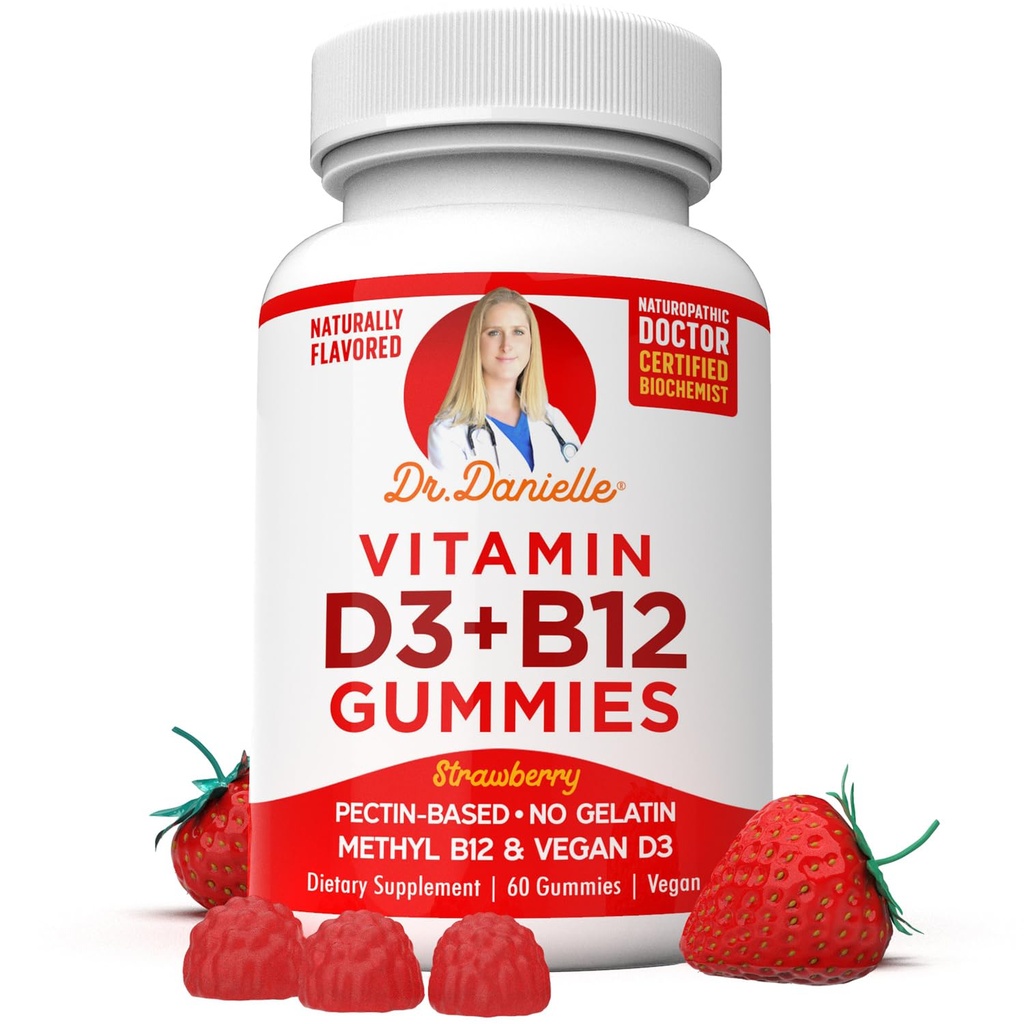 Vitamine D3, B12 Gummies by Dr. Danielle, Vegan Daily Supplement for Adults & Kids, Non-GMO, Vitamine D3 1000 IE & 250 mcg Vitamine B12, 2 Month Supply (60 Gummies)