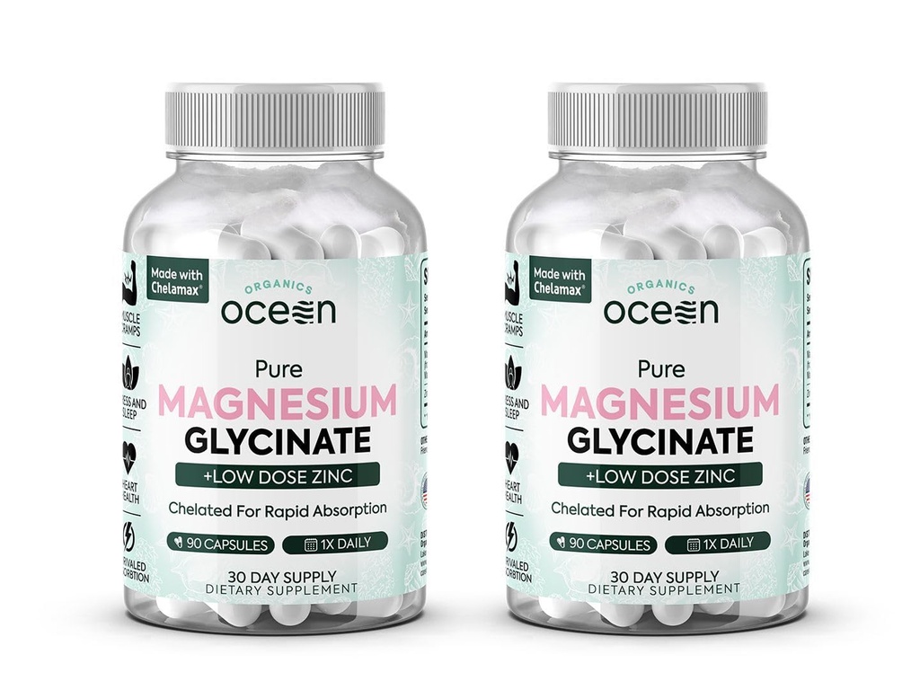 Organics Ocean Pure Magnesium Glycinate with Zinc - Maximum Strength Chelated Magnesium Supplement for Women and Men for Muscle Cramps and Sleep Support - 2 Bottles