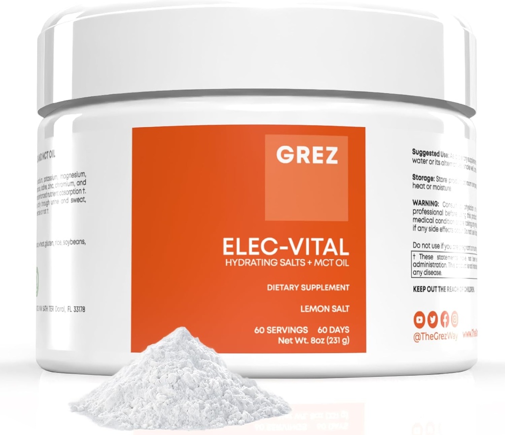 GREZ ELEC-Vital Electrolytes Poeder Geen Suiker - Hydratatiepoeder, Keto Elektrolyten Geen Suiker - Volledige minerale ondersteuning, Natrium, Kalium, Magnesium, Zink - 60 Servers