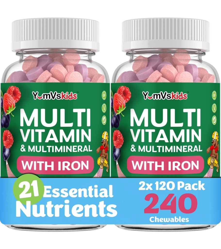 YUM-V'S Kids Multivitamine met ijzer - Kauwbare Multivitamine - Vitaminen + IJzer Supplement - Peuter Vitaminen voor 2 jaar oud +, Kosjer, Halal, Glutenvrij 120 (pack van 2