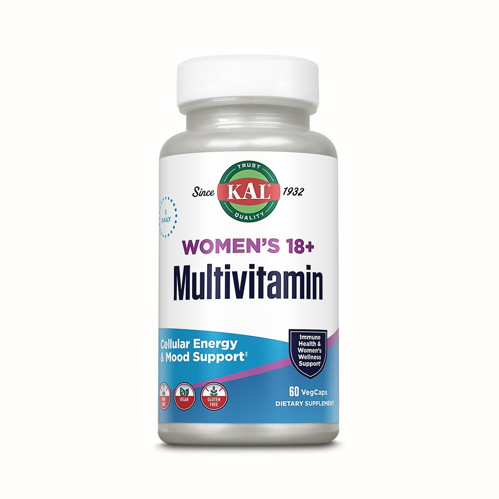 KAL Women’s 18 Plus Multivitamin – Iron Supplement and Multivitamin for Women with Vitamin D and Vitamin C - Support for PMS, Cellular Energy, Mood, Immune Health – 30 Servings, 60 VegCaps