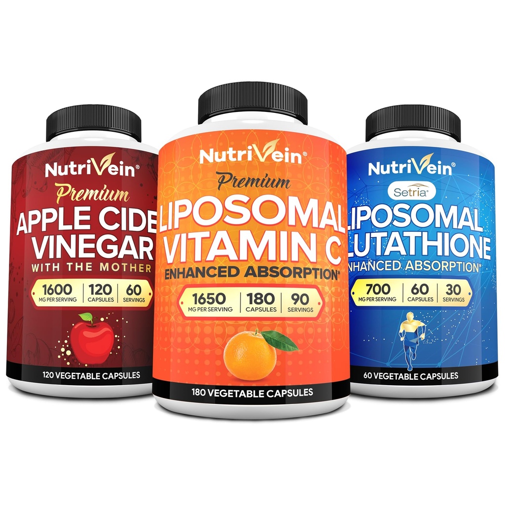 Nutrivein Premium Liposomale Glutathion, Apple Cider Vinegar Capsules, & Vitamine C Supplement Bundle: Vitamine C, ACV Capsules, & Glutathion Supplement Bundle for Cellular Defense & Detox