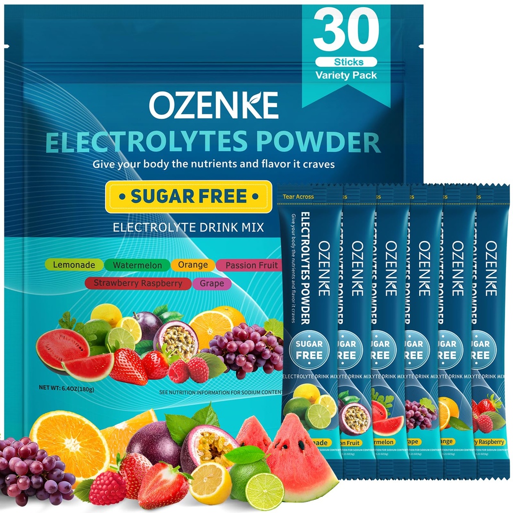 Electrolytes Packets en poudre, 30 bâtons Packs d'hydratation Sans sucre, Mélange de boissons électrolytes Voyage Packets d'électrolyte pour l'hydratation rapide, 6 saveurs