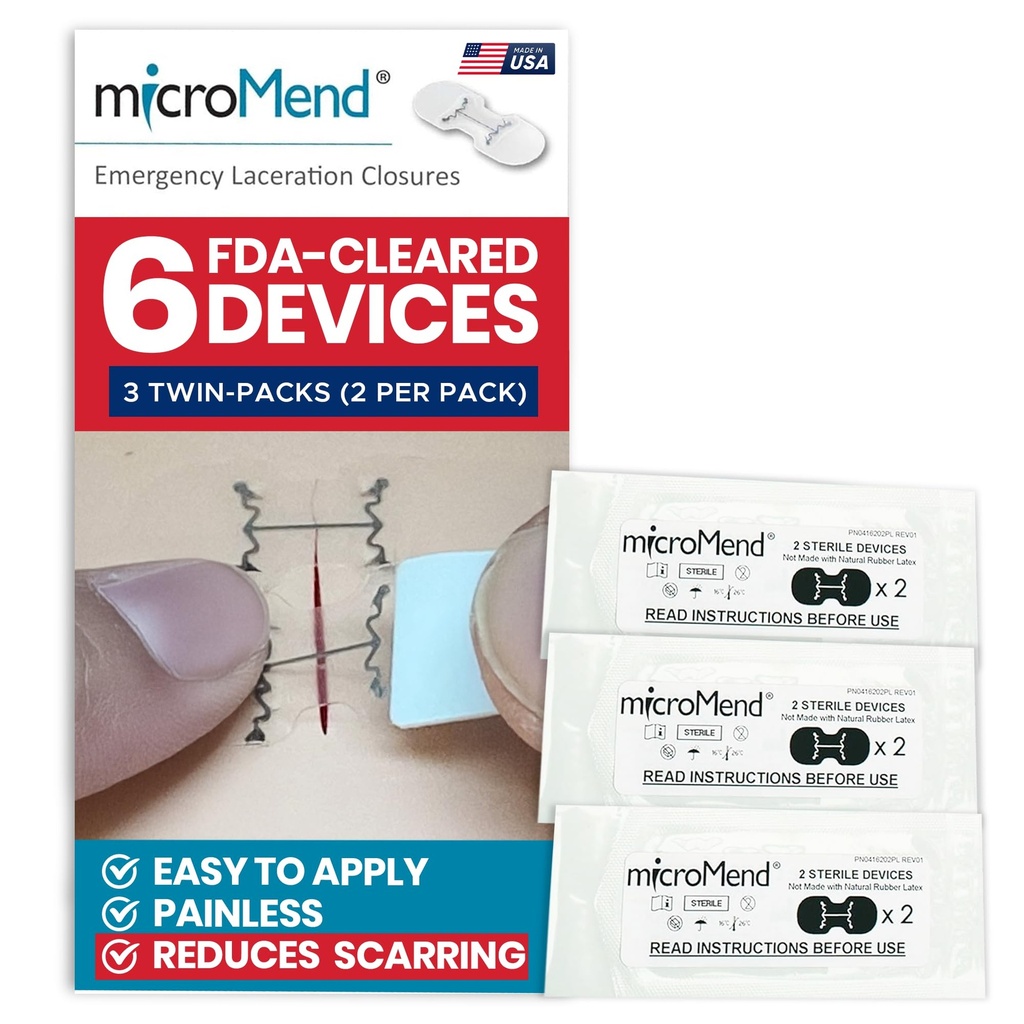 Emergency Wound Closure Kit - 6 Sterile Laceration Strips | FDA-Listed, Painless, Latex-Free, Water-Resistant, 7-Day Wear, Butterfly Bandage Alternative