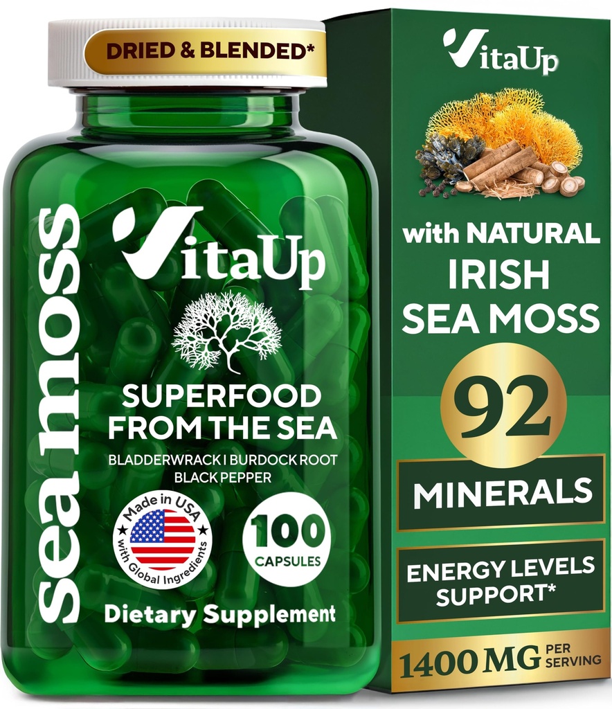 VitaUp Wildcrafted Irish Sea Moss Capsules with Burdock Root & Bladderwrack - USA Made Sea Moss Advanced for Hair, Skin, Immune & Energy Levels Support - SeaMoss Pills - 100 Vegan Capsules