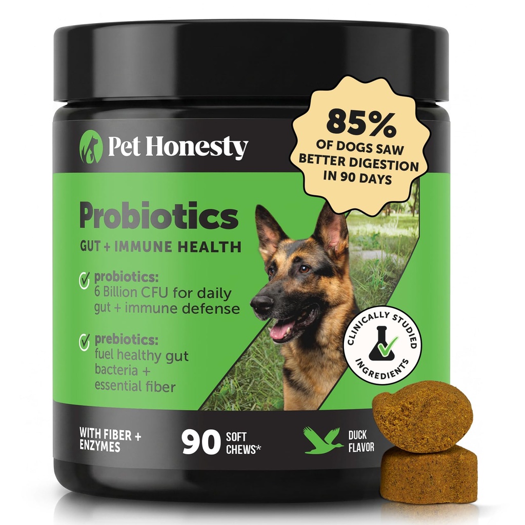 Pet Eerlijkheid Probiotica voor honden voor Occasional Diarree & Bowel Ondersteuning, Digestieve Enzymen met Prebiotica voor Gut Health voor honden, Immunity Health & Itch Relief (Duck 90 ct)