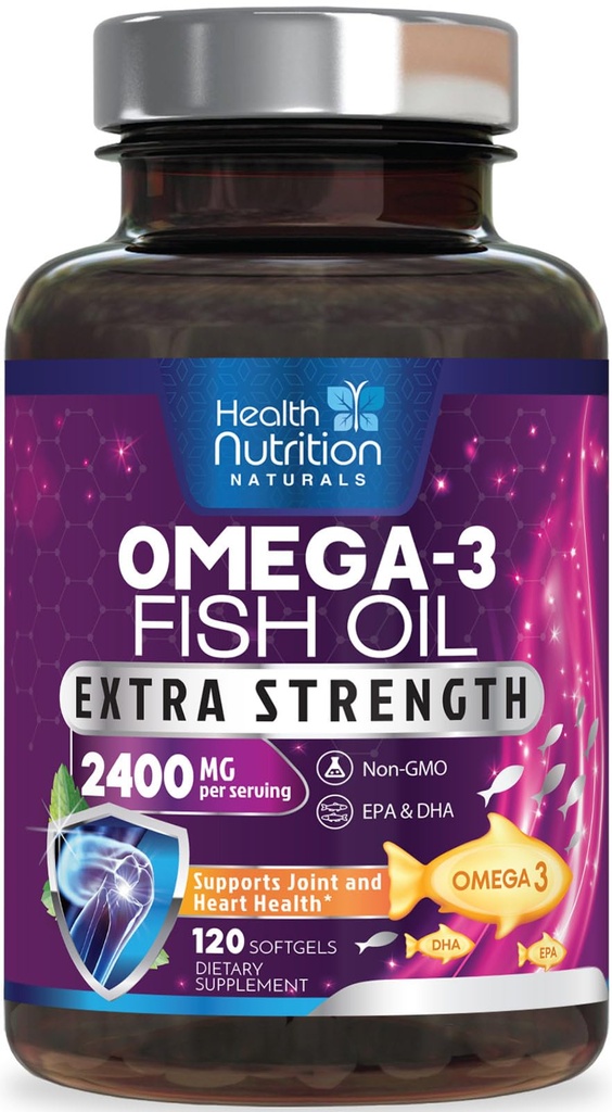Omega 3 Visolie 2400 mg - Triple Strength Omega3, EPA & DHA Fatty Acids Supplement - Natuurlijke ondersteuning voor Immune, Hart & Hersen Gezondheid - Wild Caught, Non-GMO, citroensmaak, Burpless - 120 Softgels