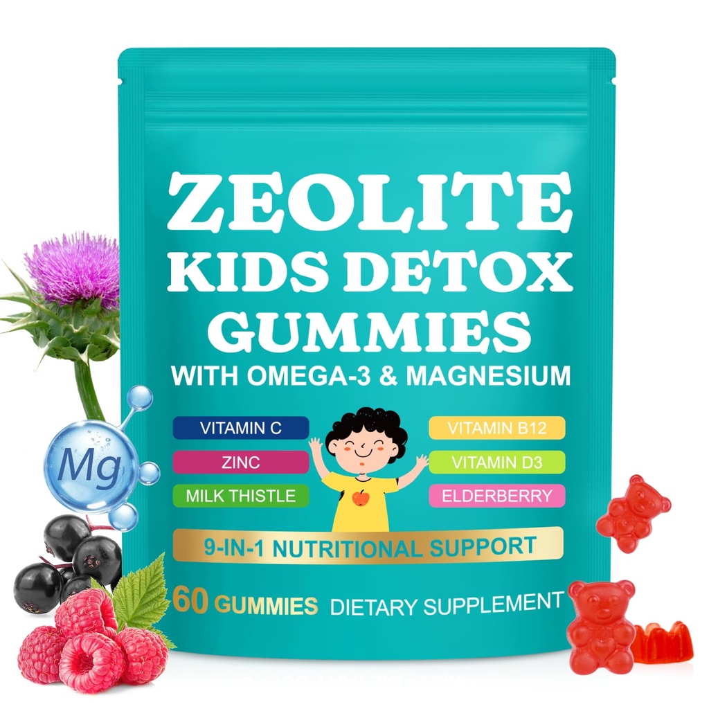Zeolite Kids Gummies 60 Count – 9-in-1 Multivitamin with Omega-3,Vitamin C, D3, Zinc, Milk Thistle – Supports Immune Health, Bone Growth & Daily Energy – Mixed Berry Flavor, Sugar Free